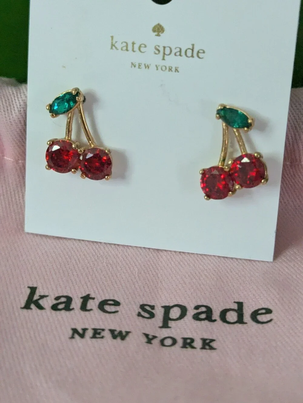 NWT kate spade Ma Cherie 🍒 Crystal Stud Earrings with Red + Green crystals.